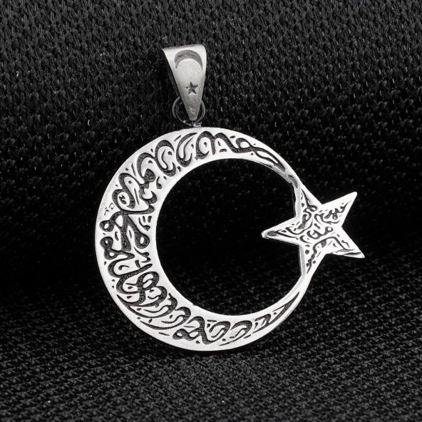 Kelimei Tevhid Yazılı Büyük Boy Ay Yıldız Tasarımlı 925 Ayar Gümüş Kolye Ucu ürün görseli