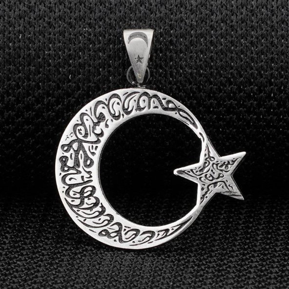 Kelimei Tevhid Yazılı Büyük Boy Ay Yıldız Tasarımlı 925 Ayar Gümüş Kolye Ucu - Resim 2
