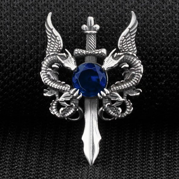 Çift Ejderha Tasarımlı Hançer Detaylı Mavi Zirkon Taşlı 925 Ayar Gümüş Kolye Ucu - 2