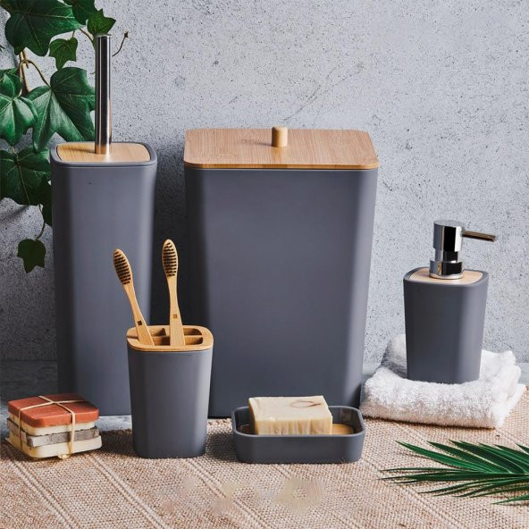 Hometarz Lüx Akrilik Bambu Wc Banyo Takımı 5 li Sabunluk Fırçalık Set