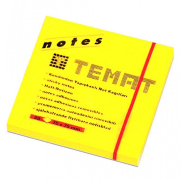 Temat Yapışkanlı Not Kağıdı (12 adet) 75x75 MM Fosforlu Sarı