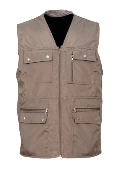 Battal Boy Yazlık Kumaş Avcı Yelek Kahve Renk - 11