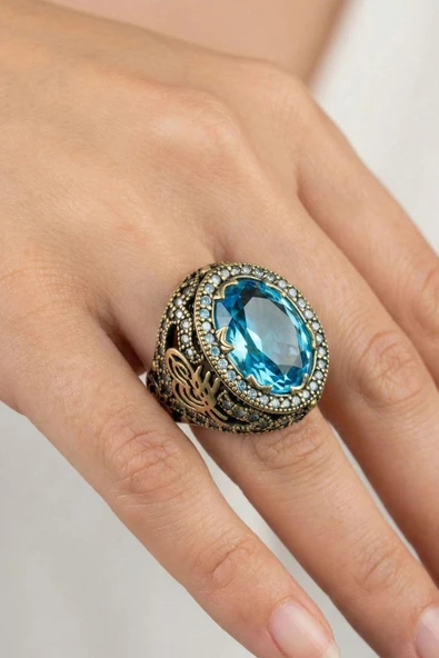 Sultani Serisi Akuamarin Taşlı Otantik 925 Ayar Gümüş Kadın Yüzük - Resim 3