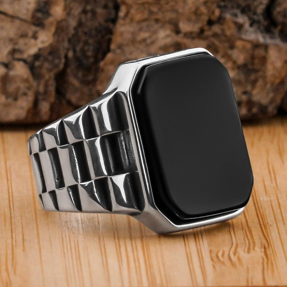 Siyah Oniks Taşlı Saat Kordon Tasarımlı Gümüş Yüzük