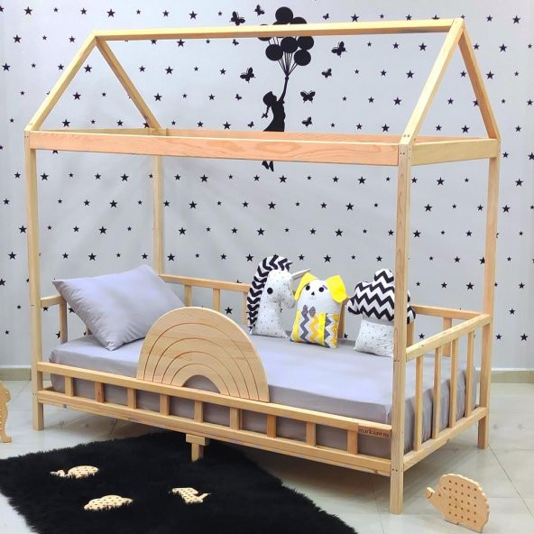 Markaawm Çatılı Montessori Yatak 90x190 Doğal Çam Çocuk Karyola