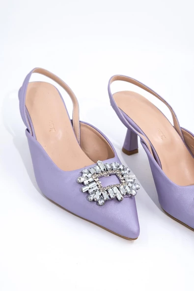 Lila Renk Arkası Açık Taşlı Stiletto Kısa Topuklu Ayakkabı - Elizabeth - 4