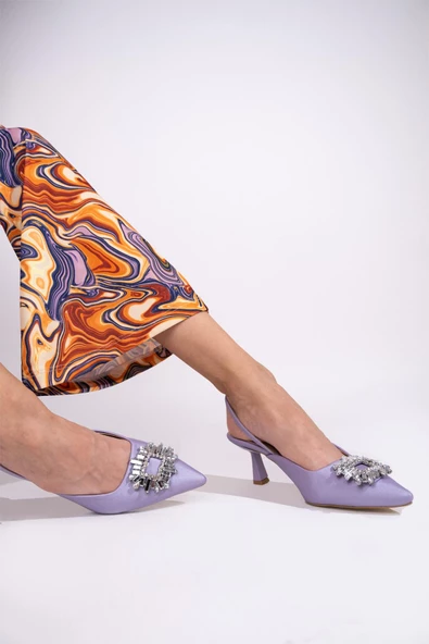 Lila Renk Arkası Açık Taşlı Stiletto Kısa Topuklu Ayakkabı - Elizabeth