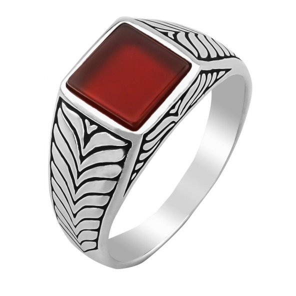 Kare Kırmızı Akik Taşlı 925 Ayar Gümüş Yüzük - Resim 2