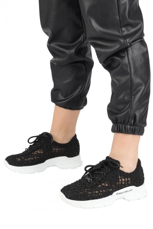 Modabuymus Siyah Dantel Örgülü Sneaker Yazlık Spor Ayakkabı - Molina