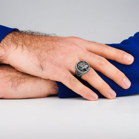 Kükreyen Aslan Figürlü 925 Ayar Gümüş Yüzük - Resim 2