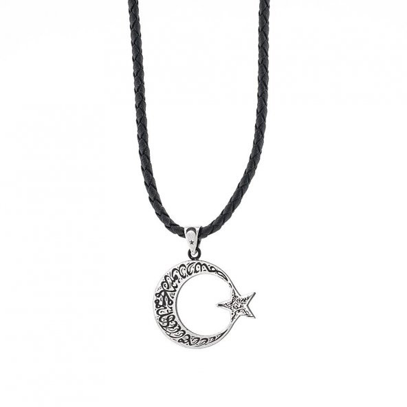 Kelimei Tevhid Yazılı Büyük Boy Ay Yıldız Tasarımlı 925 Ayar Gümüş Deri İpli Kolye ürün görseli