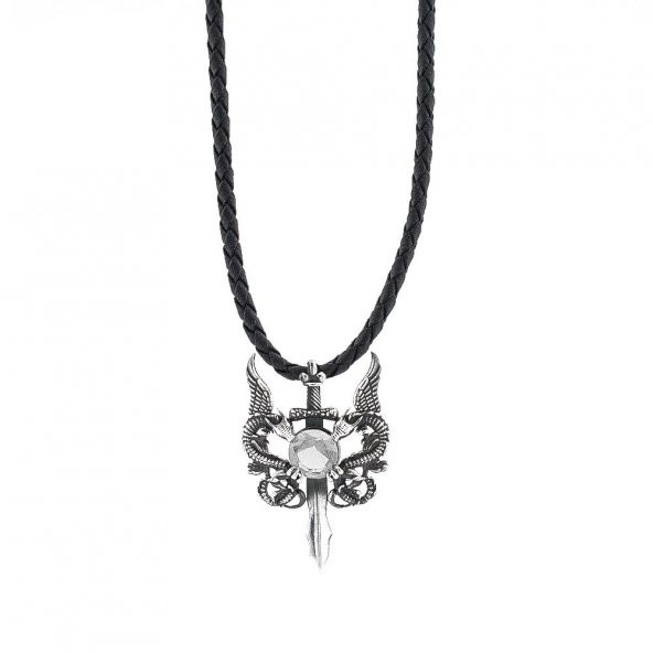 Çift Ejderha Tasarımlı Hançer Detaylı Beyaz Zirkon Taşlı 925 Ayar Gümüş Deri İpli Kolye ürün görseli 1