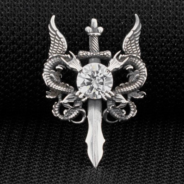 Çift Ejderha Tasarımlı Hançer Detaylı Beyaz Zirkon Taşlı 925 Ayar Gümüş Deri İpli Kolye - Resim 2