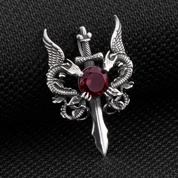 Çift Ejderha Tasarımlı Hançer Detaylı Kırmızı Zirkon Taşlı 925 Ayar Gümüş Deri İpli Kolye - Resim 2