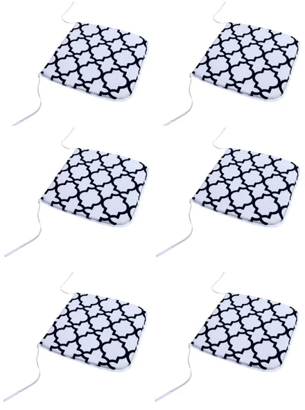 6lı Set Mandaş Sandalye Minderi, Bağcıklı Kare Minder-Damask Siyah Beyaz