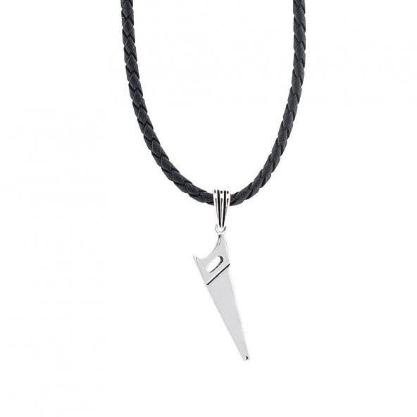 Testere Tasarımlı 925 Ayar Gümüş Deri İpli Kolye ürün görseli 1