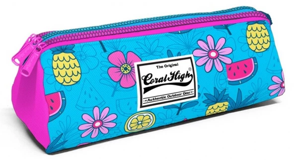 Coral High Üç Gözlü Mavi-Pembe Tropikal Kalem Çantası - Kalın Fermuarlı ürün görseli