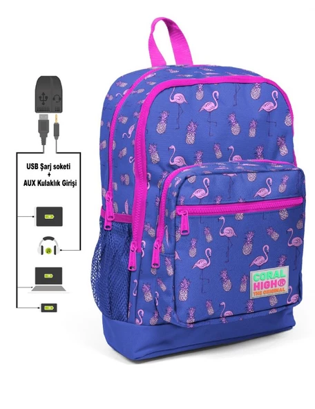 Coral High Kids Dört Gözlü Kız Çocuk İlkokul Çantası - Flamingolar Baskılı - USB+AUX Soketli