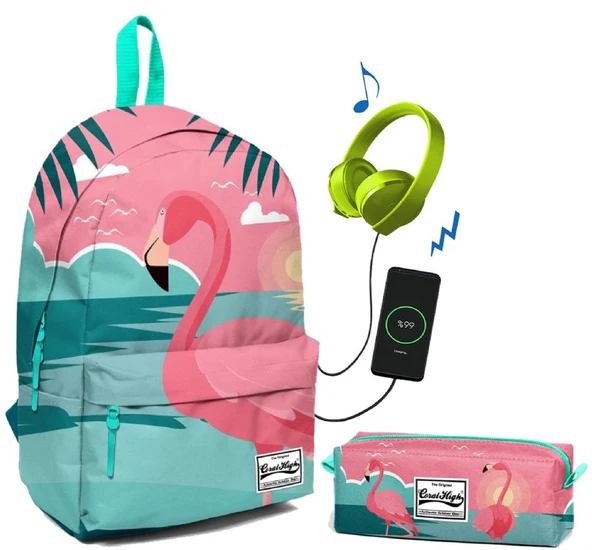 Coral High Yeşil Flamingo Desenli Okul ve Günlük Çanta Seti ürün görseli