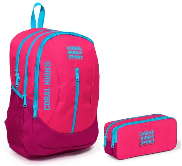 Coral High Sport Pembe Kırmızı Okul Çantası ve Kalemlik Seti - Kız Çocuk - USB Soketli ürün görseli