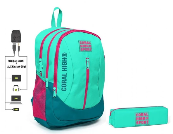 Coral High Sport Su Yeşili Sırt Çantası ve Kalemlik Seti