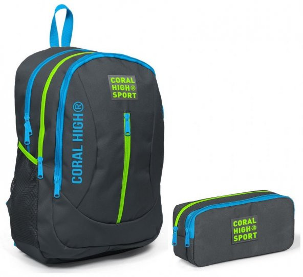 Coral High Sport Gri Yeşil Okul Çantası ve Kalemlik Seti - Dört Bölmeli - USB Çıkışlı