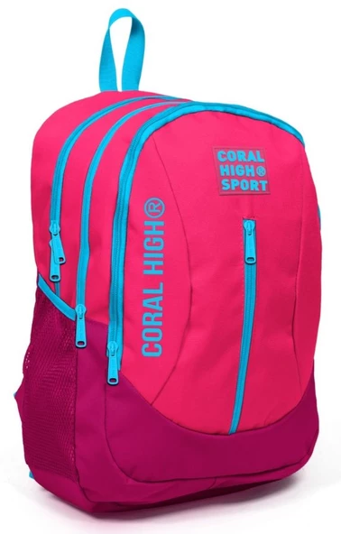 Coral High Sport Pembe Kırmızı Okul ve Günlük Sırt Çantası - Dört Gözlü - USB ve AUX Soketli