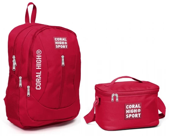 Coral High Sport Kırmızı Okul Sırt Çantası Beslenme Seti - USB Soketli