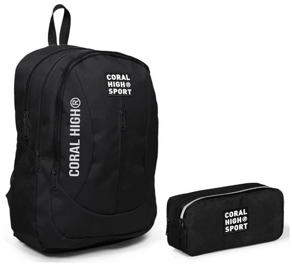 Coral High Sport Siyah Okul Çantası ve Kalemlik Seti - Dört Bölmeli - USB Çıkışlı