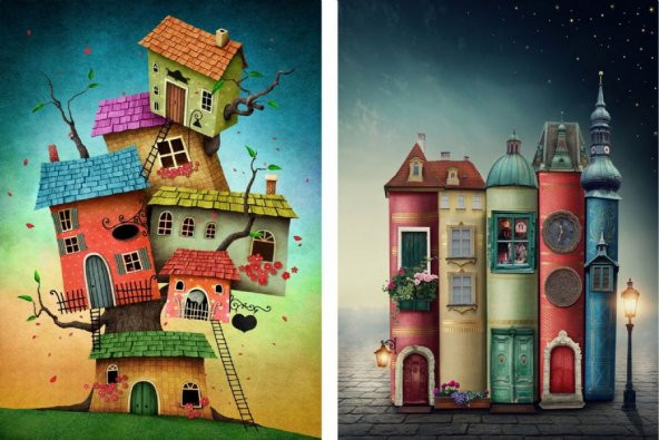 Nova 2x1000 Parça Fantastik Evler ve Kitap Sokağı Puzzle Seti