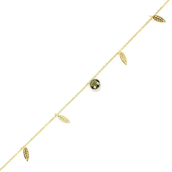 925 Ayar Gümüş Yuvarlak Peridot Taşlı Defne Yaprağı Halhal ürün görseli 1