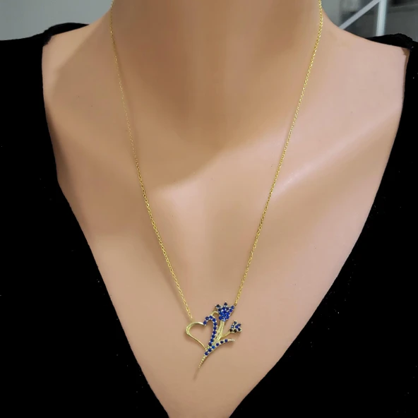 925 Ayar Gümüş Lacivert Taşlı Kalp ve Lale Kolyesi ürün görseli