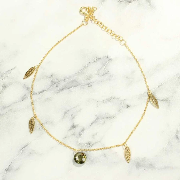 925 Ayar Gümüş Yuvarlak Peridot Taşlı Defne Yaprağı Halhal - Resim 2