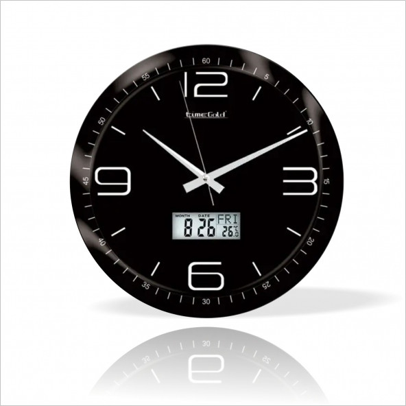 Büyük Siyah Zeminli 35 cm Bombe Camlı Termometreli Isı Ölçerli Gün Ay Dijitalli Sessiz Duvar Saati