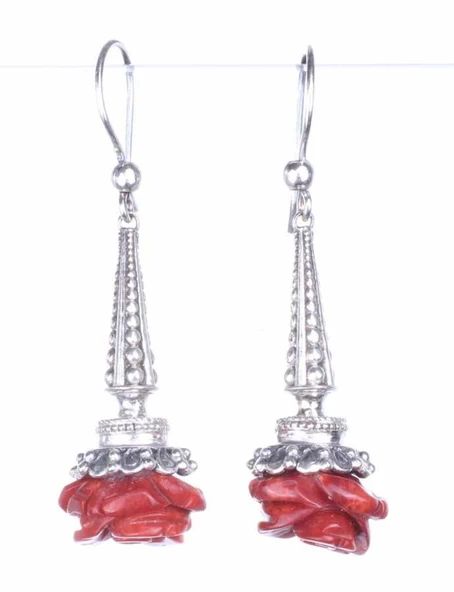 925 Ayar Gümüş Mercan Gül Buketi Sallantılı Küpe ürün görseli 1