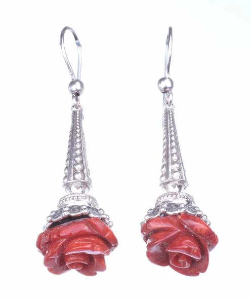 925 Ayar Gümüş Mercan Gül Buketi Sallantılı Küpe - Resim 4