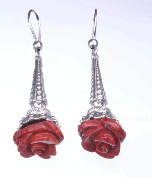 925 Ayar Gümüş Mercan Gül Buketi Sallantılı Küpe - Resim 3