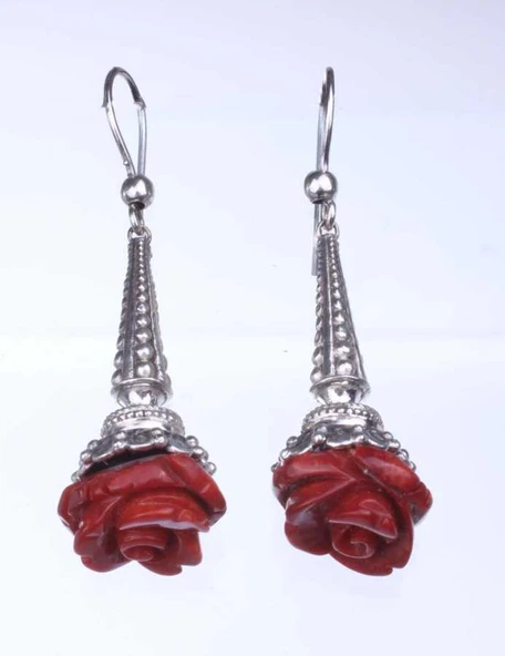 925 Ayar Gümüş Mercan Gül Buketi Sallantılı Küpe - Resim 5