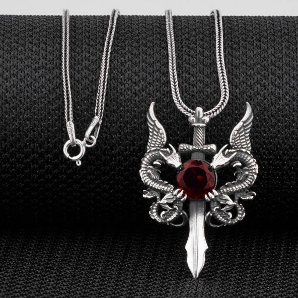925 Ayar Gümüş Ejderha Dragon Tasarımlı Kırmızı Zirkon Taşlı Kolye