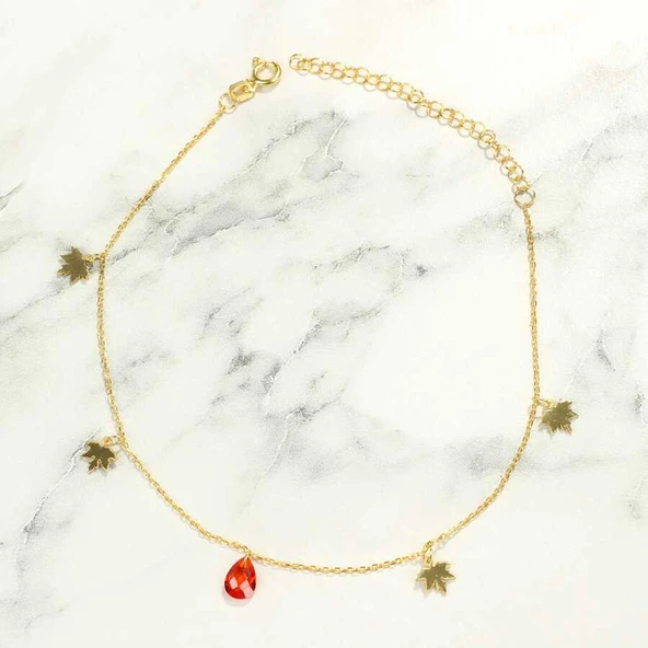 925 Ayar Gümüş Damla Garnet Taşlı Çınar Yaprağı Halhal - Resim 2