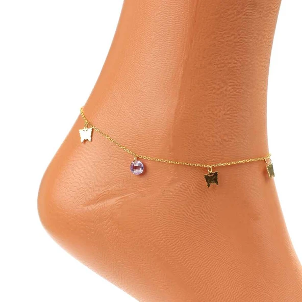 925 Ayar Gümüş Yuvarlak Ametist Taşlı Kelebek Halhal - Resim 3