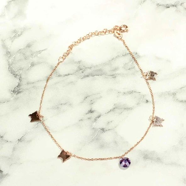 925 Ayar Gümüş Yuvarlak Ametist Taşlı Kelebek Model Halhal - Resim 2