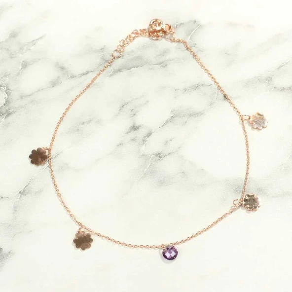 925 Ayar Gümüş Yuvarlak Ametist Taşlı Yonca Yaprağı Halhal - Resim 2