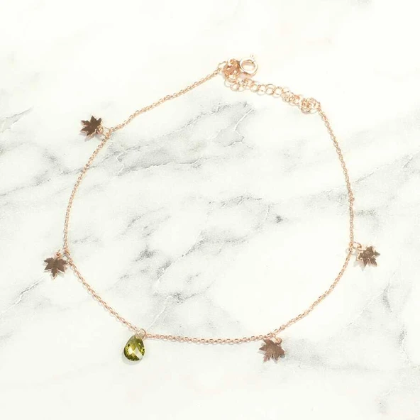 925 Ayar Rose Gümüş Damla Peridot Taşlı Çınar Yapraklı Halhal - Resim 2