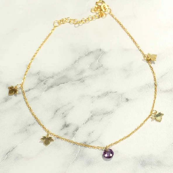 925 Ayar Gümüş Yuvarlak Ametist Taşlı Çınar Yapraklı Halhal - Resim 2