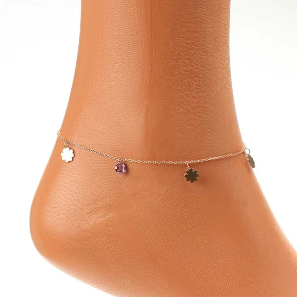 925 Ayar Gümüş Yuvarlak Ametist Taşlı Yonca Yaprağı Halhal - Resim 3