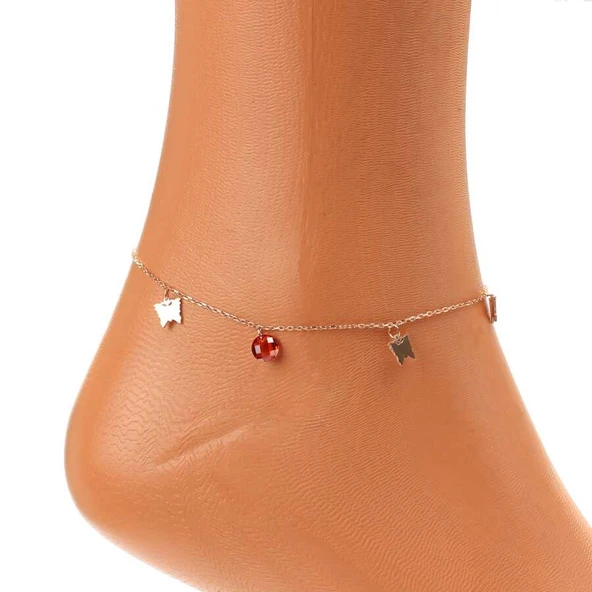 925 Ayar Gümüş Yuvarlak Garnet Taşlı Kelebek Model Halhal - Resim 3