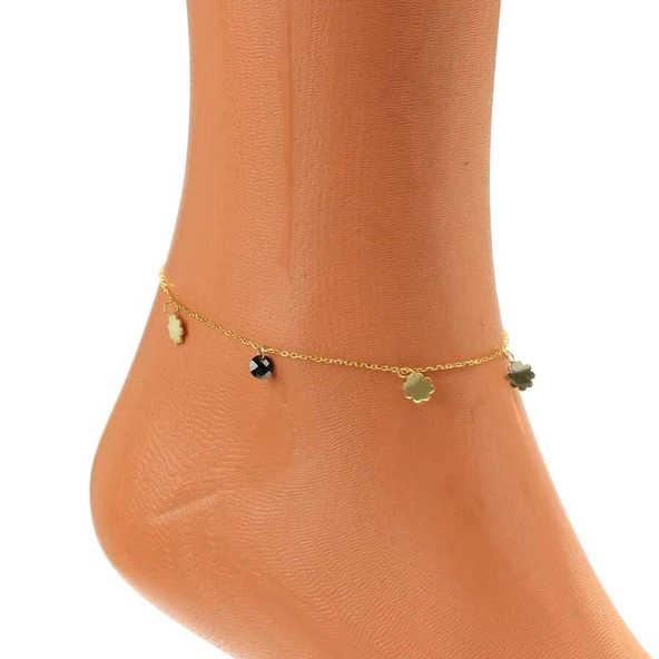 925 Ayar Gümüş Yuvarlak Oniks Taşlı Yonca Modeli Halhal - Resim 3