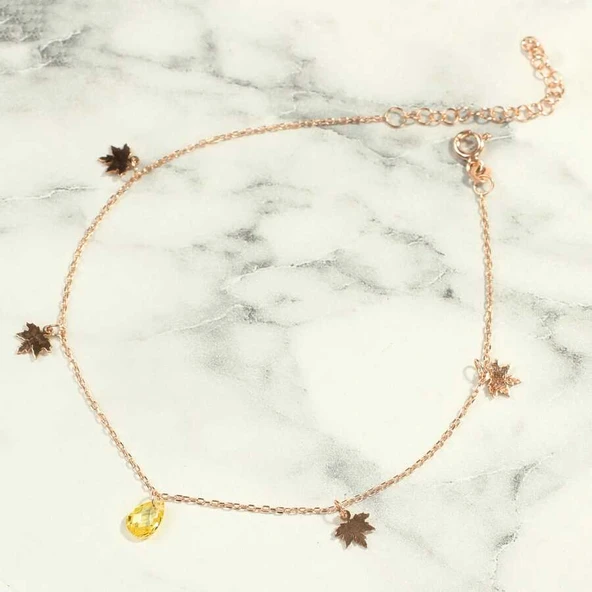 925 Ayar Gümüş Damla Sitrin Taşlı Çınar Yaprağı Halhal - Resim 2