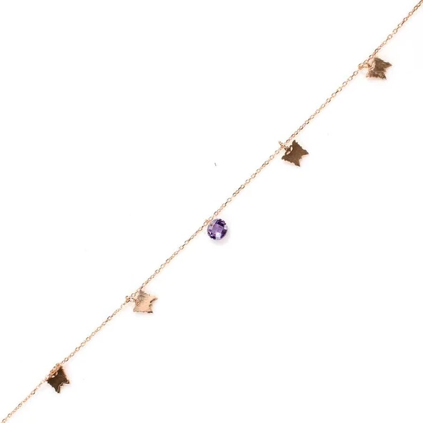 925 Ayar Gümüş Yuvarlak Ametist Taşlı Kelebek Model Halhal ürün görseli